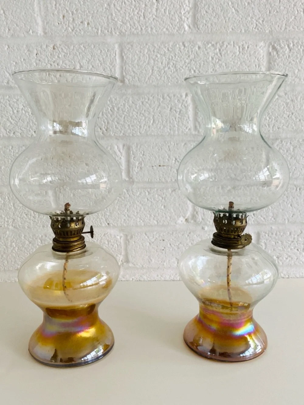 Pair of Vintage Iridescent Glass Oil Hurricane Lamps